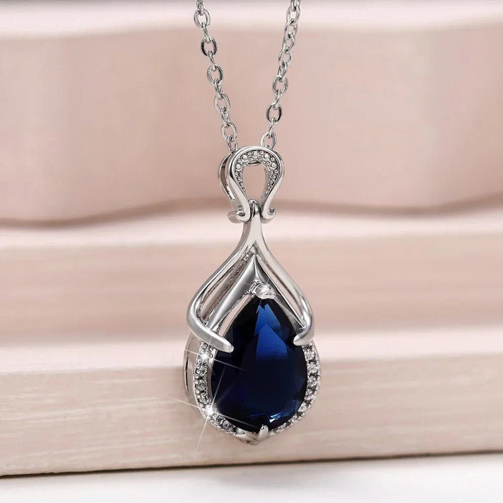 🎁 Silver Plating Blue Crystal Water Drop CZ Necklaces for Women, HA4470